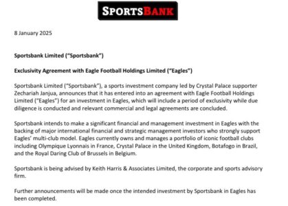 官方：Sportsbank投资集团收购水晶宫俱乐部45%股份