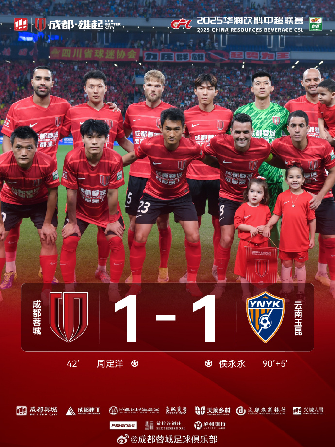 中超联赛 成都蓉城1-1战平云南玉昆