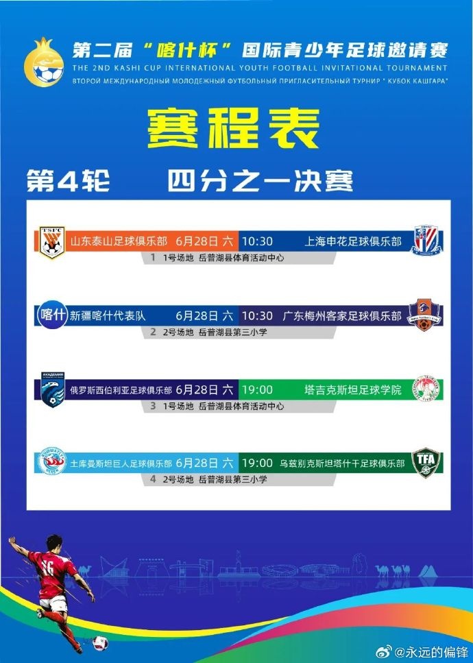 喀什杯青年邀请赛1/4决赛对阵：泰山vs申花，新疆喀什vs梅州客家