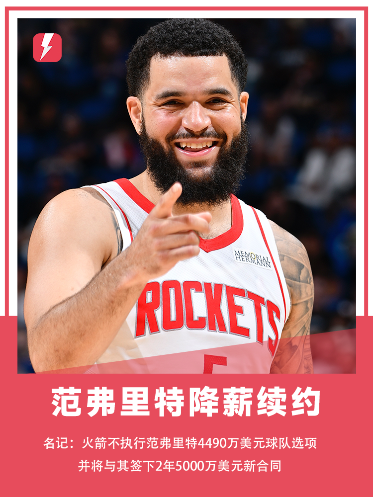 降薪留队！Shams：火箭将与范弗里特以2年5000万美元续约