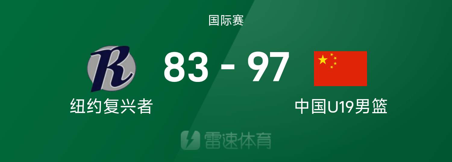 国际赛战报：张博源15分2篮板，中国U19男篮97-83击败纽约复兴者