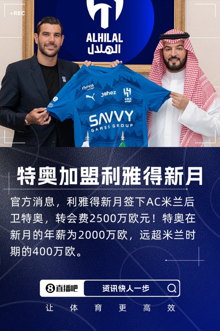5倍年薪！官方：AC米兰后卫特奥加盟利雅得新月，转会费2500万欧