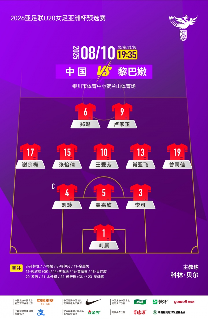 中国女足U20vs黎巴嫩女足首发：卢家玉、王爱芳先发，郑璐出战